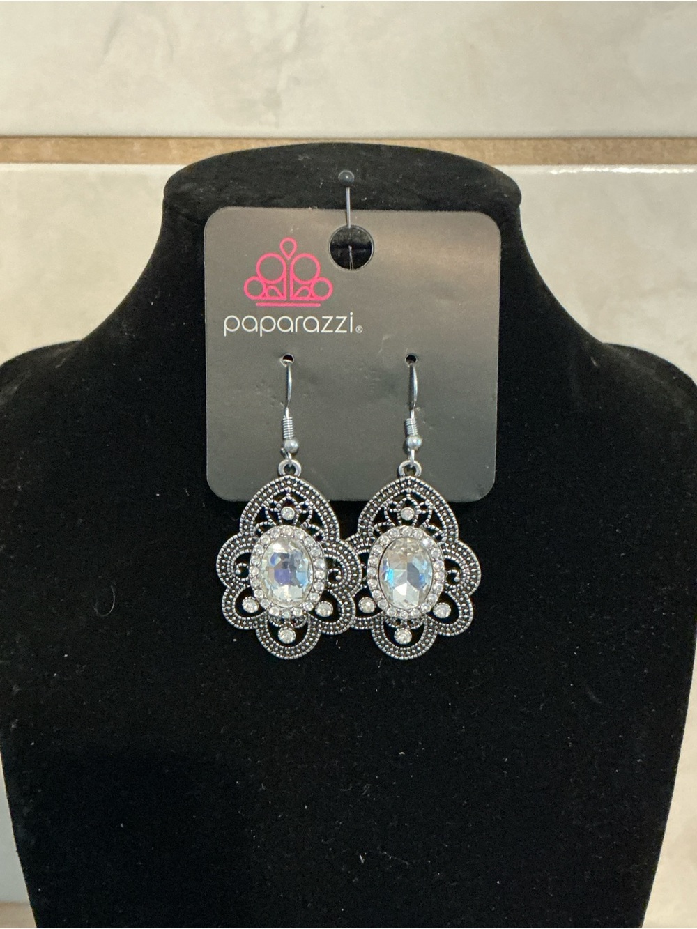 Paparazzi Silver-Tone Filigree Earrings with Clear Oval Crystal